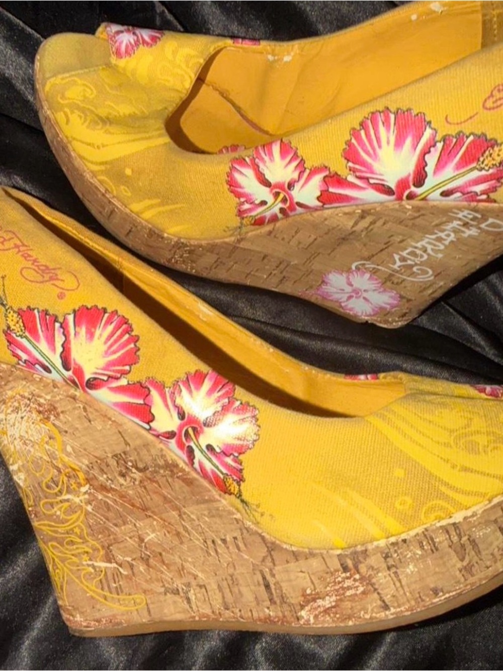 Ed Hardy Yellow Floral Wedge Heels with Pink Accents